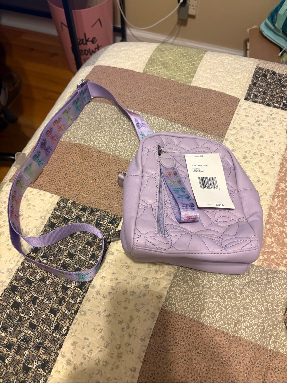 Betsey Johnson Lavender Quilted Mini Crossbody with Butterfly Strap